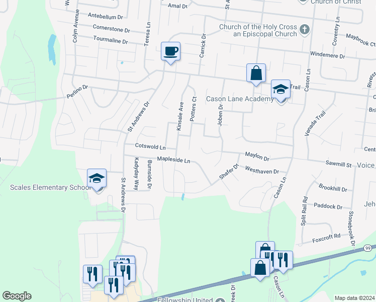 map of restaurants, bars, coffee shops, grocery stores, and more near 1832 Potters Court in Murfreesboro
