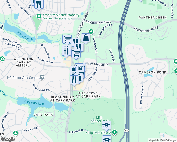 map of restaurants, bars, coffee shops, grocery stores, and more near 2000 Cary Reserve Drive in Cary