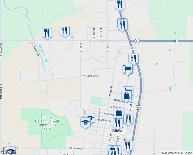 map of restaurants, bars, coffee shops, grocery stores, and more near 500 Doyle Avenue in Stilwell