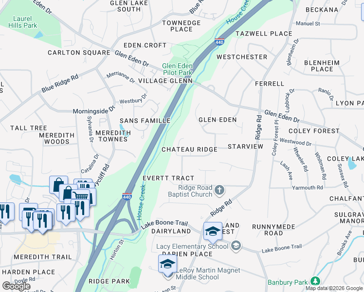 map of restaurants, bars, coffee shops, grocery stores, and more near 2908 Debra Drive in Raleigh
