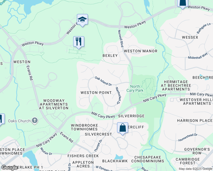 map of restaurants, bars, coffee shops, grocery stores, and more near 101 Robbins Reef Way in Cary