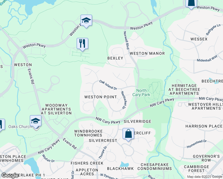 map of restaurants, bars, coffee shops, grocery stores, and more near 101 Robbins Reef Way in Cary