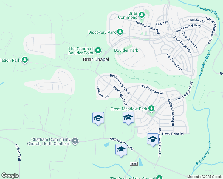 map of restaurants, bars, coffee shops, grocery stores, and more near 32 Landover Circle in Chapel Hill