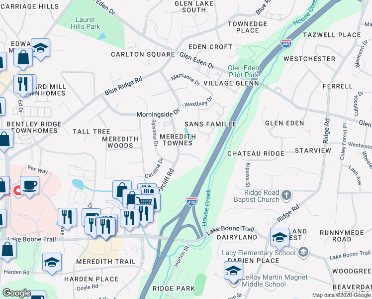 map of restaurants, bars, coffee shops, grocery stores, and more near 2894 Wycliff Road in Raleigh