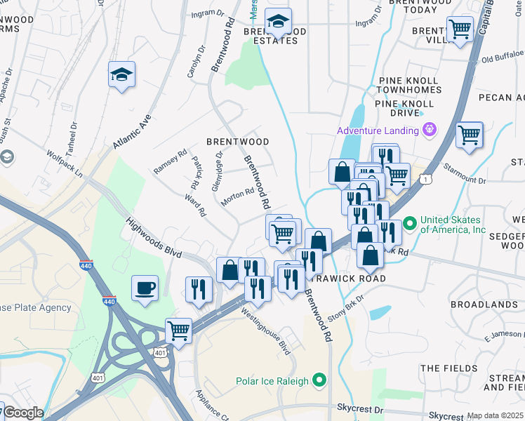 map of restaurants, bars, coffee shops, grocery stores, and more near 3101 Brentwood Road in Raleigh