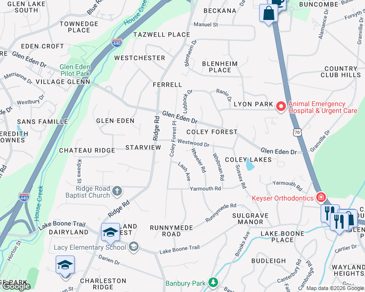 map of restaurants, bars, coffee shops, grocery stores, and more near 907 Westwood Drive in Raleigh