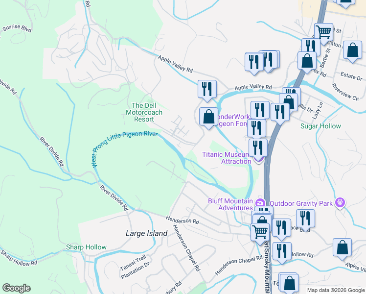 map of restaurants, bars, coffee shops, grocery stores, and more near 460 Lonesome Valley Road in Sevierville