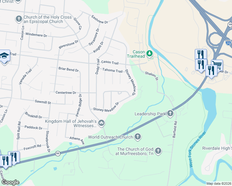 map of restaurants, bars, coffee shops, grocery stores, and more near 2071 Sparco Circle in Murfreesboro