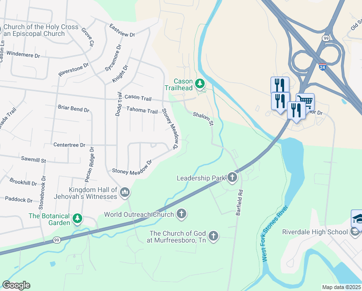map of restaurants, bars, coffee shops, grocery stores, and more near 2011 Stoney Meadow Drive in Murfreesboro