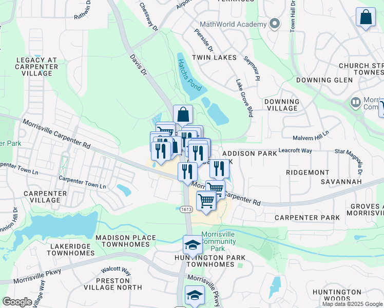 map of restaurants, bars, coffee shops, grocery stores, and more near 2302 Grace Park Drive in Morrisville