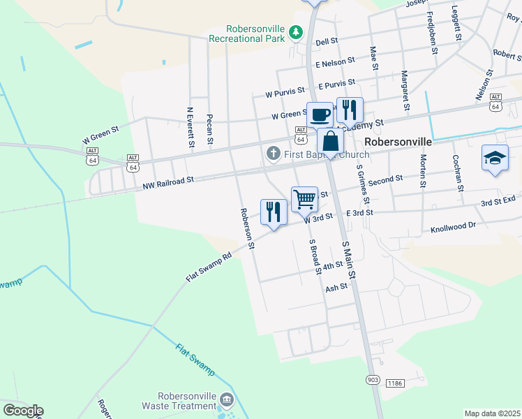 map of restaurants, bars, coffee shops, grocery stores, and more near 310 West 2nd Street in Robersonville