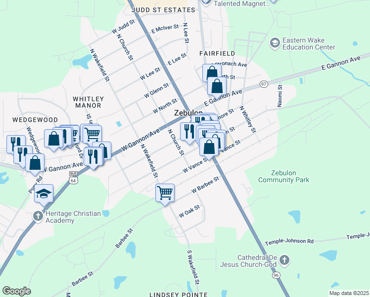map of restaurants, bars, coffee shops, grocery stores, and more near 118 West Horton Street in Zebulon