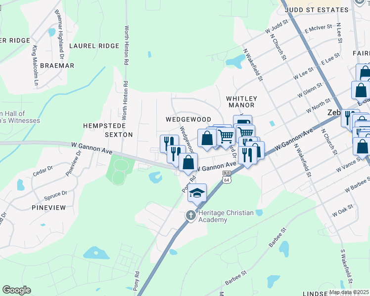 map of restaurants, bars, coffee shops, grocery stores, and more near 606 West Gannon Avenue in Zebulon