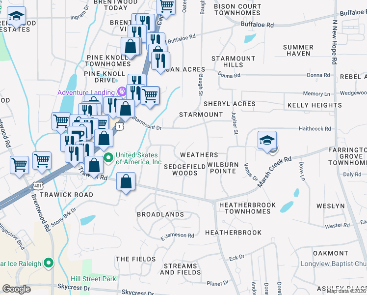map of restaurants, bars, coffee shops, grocery stores, and more near 3314 Swinford Court in Raleigh