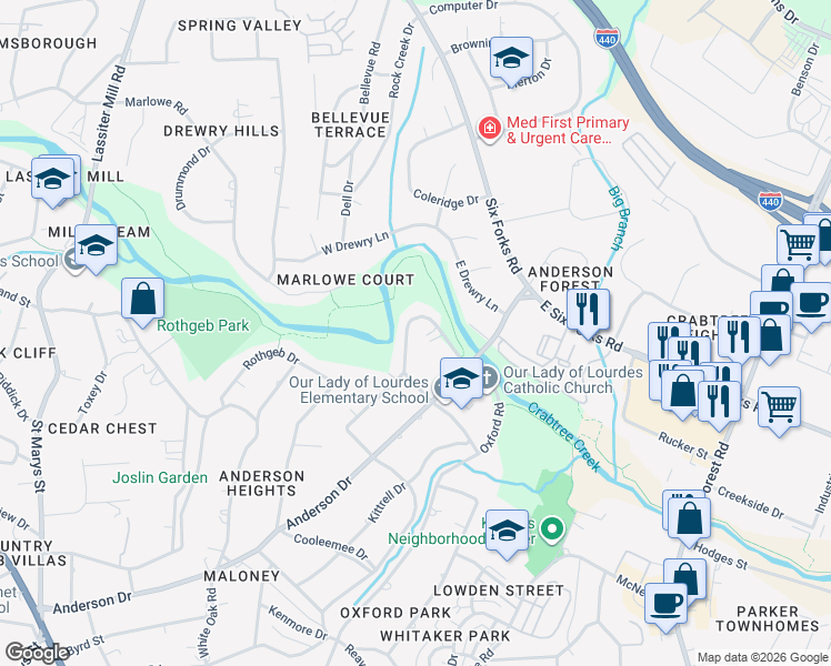map of restaurants, bars, coffee shops, grocery stores, and more near 2948 Claremont Road in Raleigh