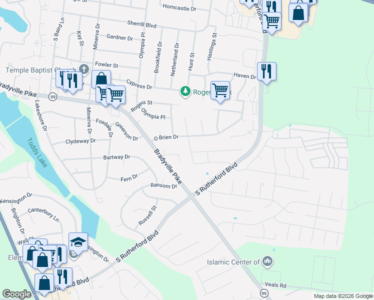 map of restaurants, bars, coffee shops, grocery stores, and more near 1312 Rutherford Street in Murfreesboro