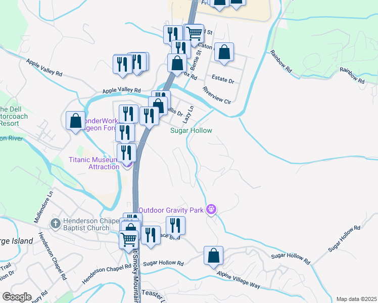 map of restaurants, bars, coffee shops, grocery stores, and more near 2032 Center Road in Pigeon Forge