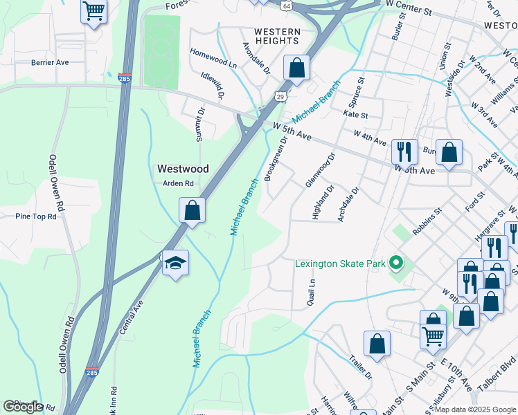 map of restaurants, bars, coffee shops, grocery stores, and more near 900 Nottingham Drive in Lexington