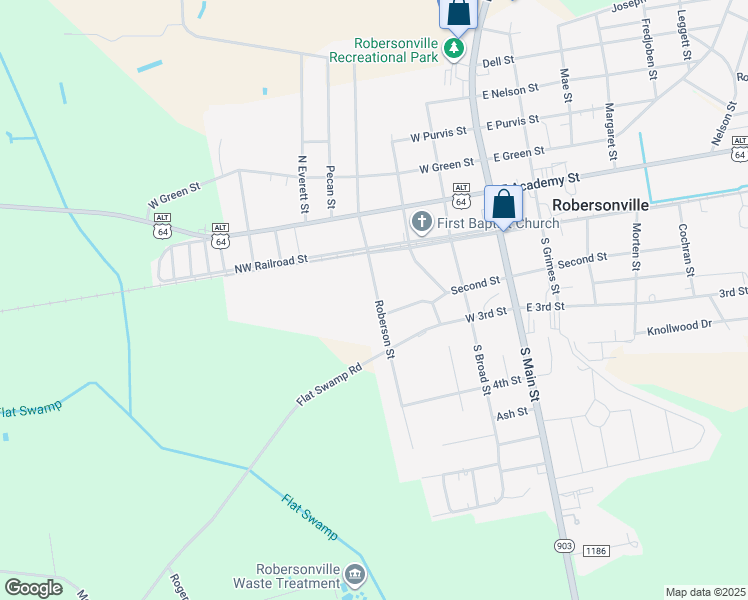 map of restaurants, bars, coffee shops, grocery stores, and more near 113 South Roberson Street in Robersonville