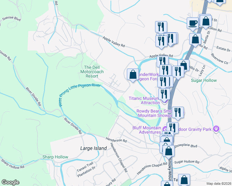 map of restaurants, bars, coffee shops, grocery stores, and more near 460 Lonesome Valley Road in Sevierville