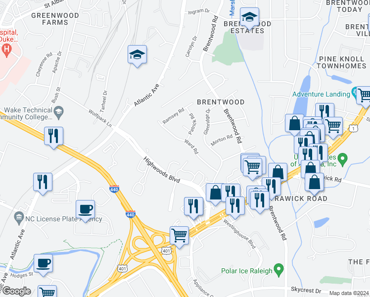 map of restaurants, bars, coffee shops, grocery stores, and more near 3153 Ward Road in Raleigh