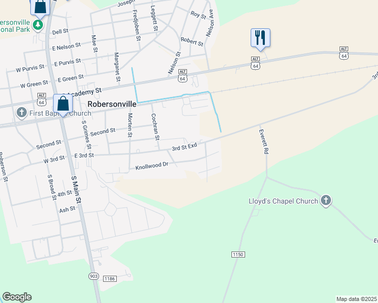 map of restaurants, bars, coffee shops, grocery stores, and more near 1112 East 3rd Street in Robersonville