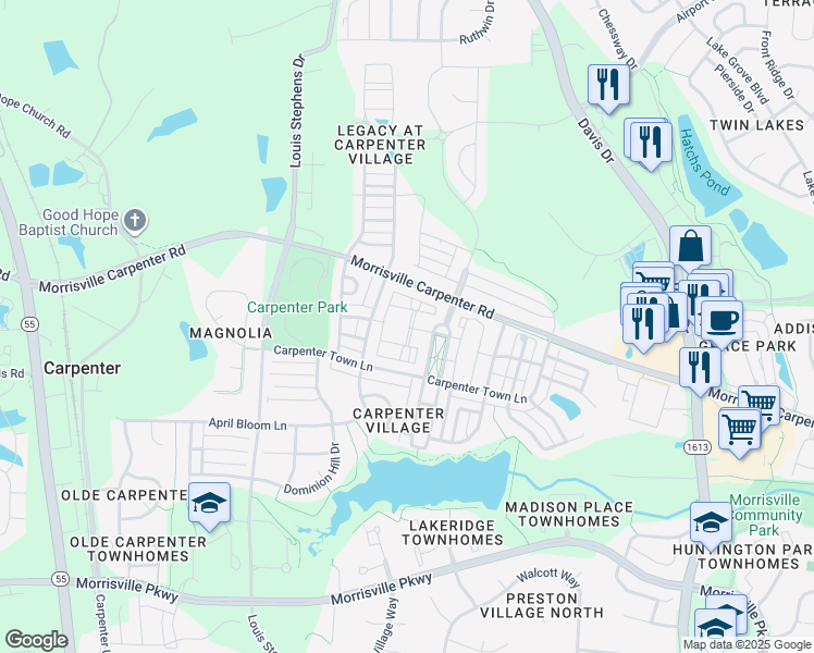 map of restaurants, bars, coffee shops, grocery stores, and more near 2074 Geddy House Lane in Cary