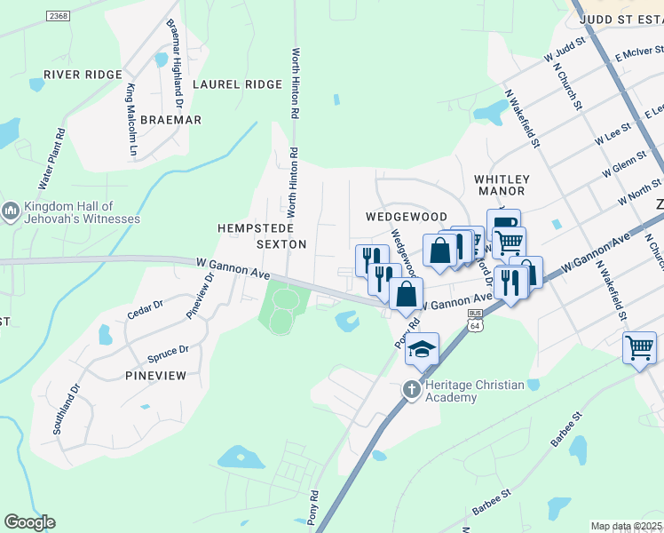 map of restaurants, bars, coffee shops, grocery stores, and more near 719 West Gordon Street in Zebulon