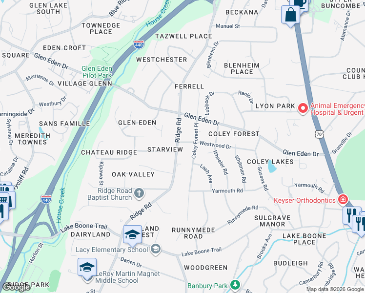 map of restaurants, bars, coffee shops, grocery stores, and more near 2237 Coley Forest Place in Raleigh
