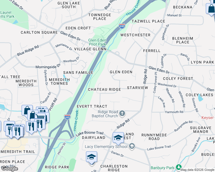 map of restaurants, bars, coffee shops, grocery stores, and more near 2904 Chipmunk Lane in Raleigh