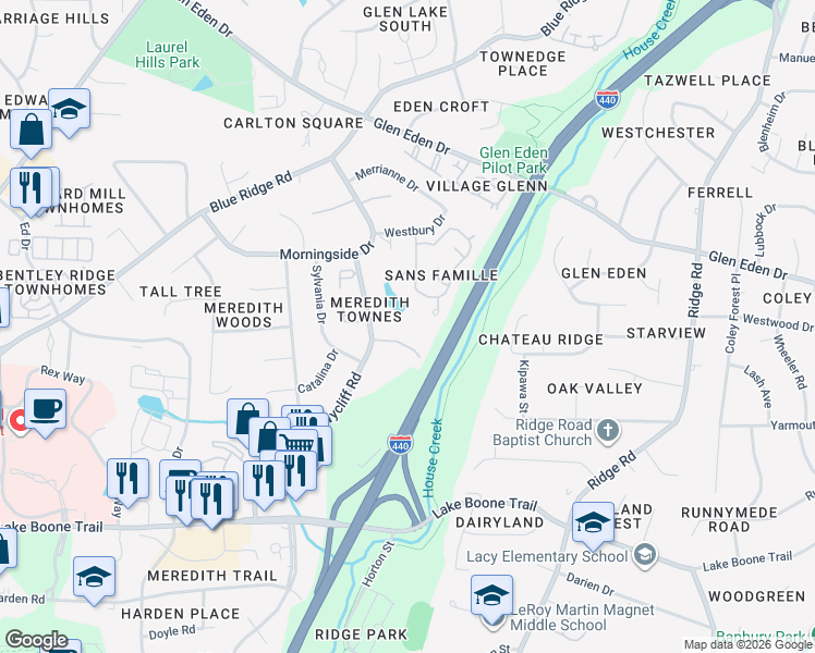 map of restaurants, bars, coffee shops, grocery stores, and more near 2860 Wycliff Road in Raleigh