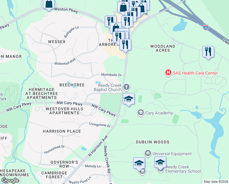 map of restaurants, bars, coffee shops, grocery stores, and more near 119 Rock Pointe Lane in Cary