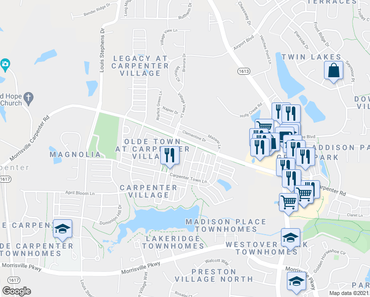 map of restaurants, bars, coffee shops, grocery stores, and more near 300 Gathering Park Circle in Cary