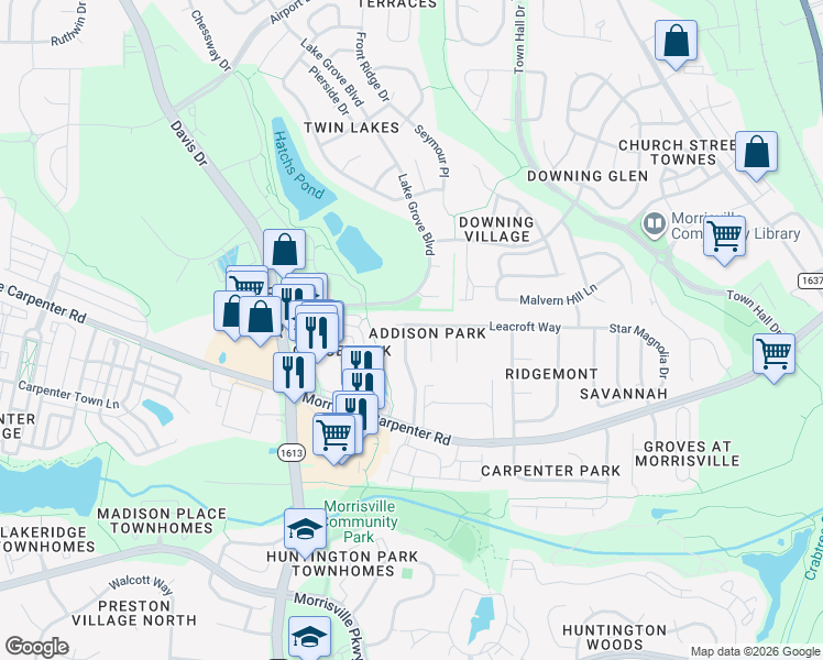 map of restaurants, bars, coffee shops, grocery stores, and more near 148 Leafycreek Drive in Morrisville