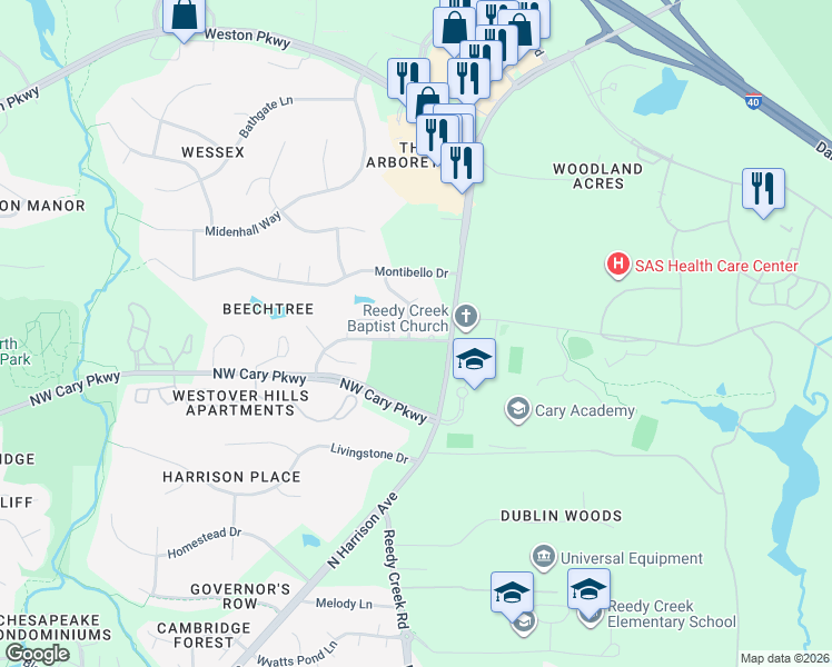 map of restaurants, bars, coffee shops, grocery stores, and more near 119 Rock Pointe Lane in Cary