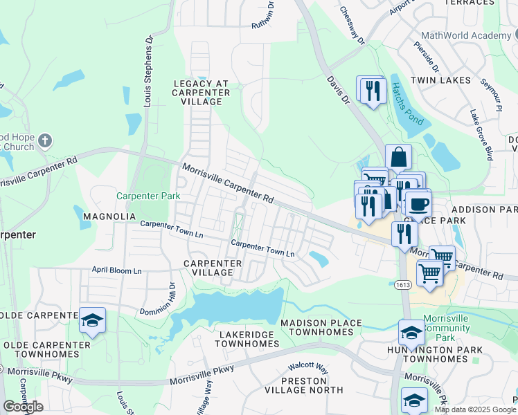 map of restaurants, bars, coffee shops, grocery stores, and more near 300 Gathering Park Circle in Cary