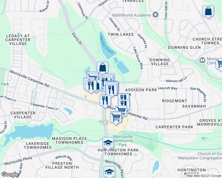 map of restaurants, bars, coffee shops, grocery stores, and more near 4108 Grace Park Drive in Morrisville