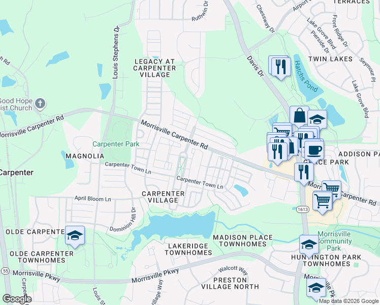 map of restaurants, bars, coffee shops, grocery stores, and more near in Cary