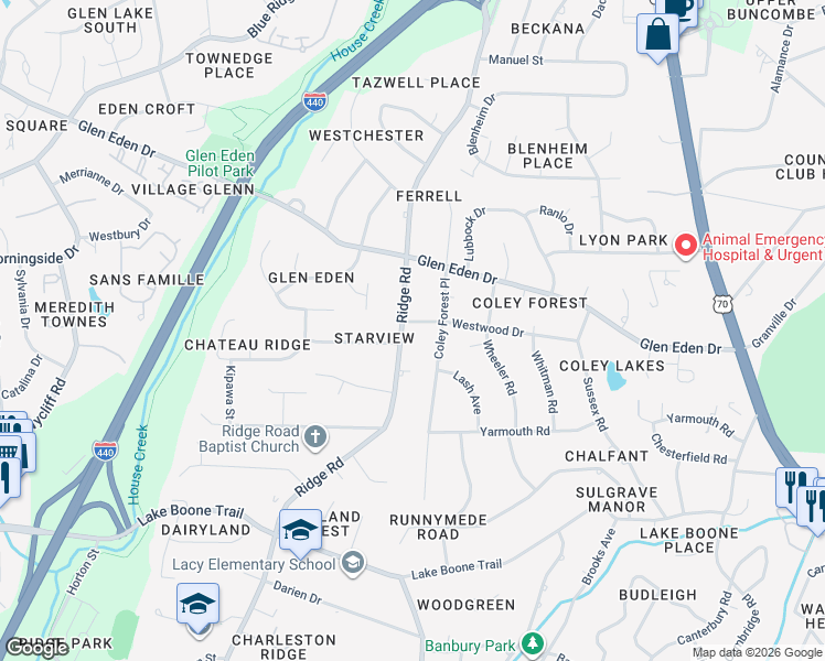 map of restaurants, bars, coffee shops, grocery stores, and more near 2237 Coley Forest Place in Raleigh