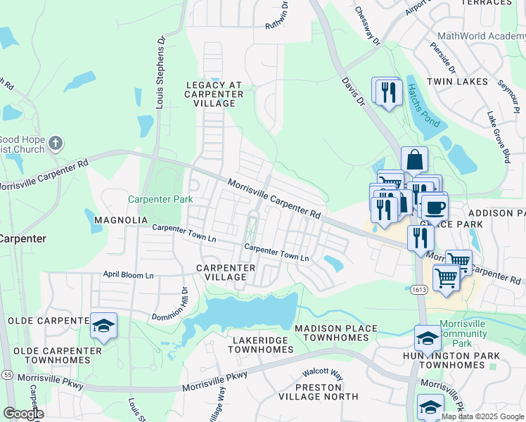 map of restaurants, bars, coffee shops, grocery stores, and more near 1400 Gathering Park Circle in Cary