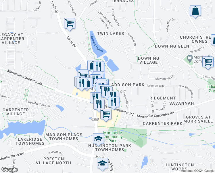 map of restaurants, bars, coffee shops, grocery stores, and more near 1300 Alemany Street in Morrisville