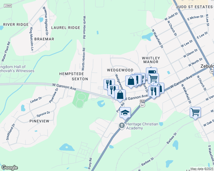 map of restaurants, bars, coffee shops, grocery stores, and more near 617 Devon Place in Zebulon