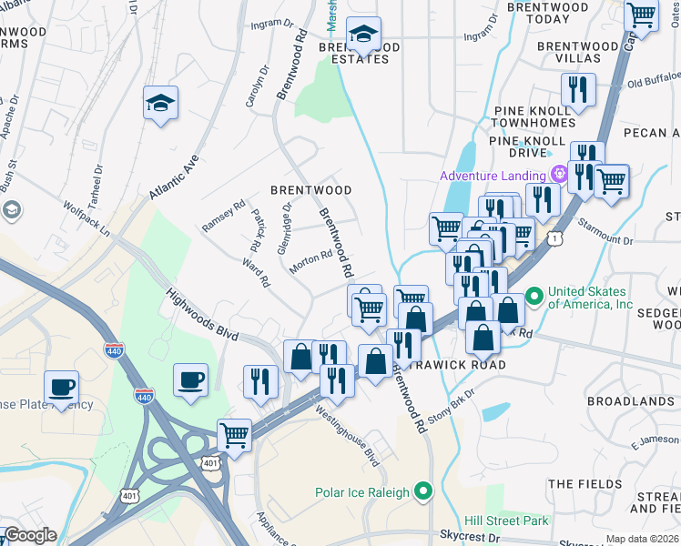 map of restaurants, bars, coffee shops, grocery stores, and more near 2817 Bardwell Road in Raleigh