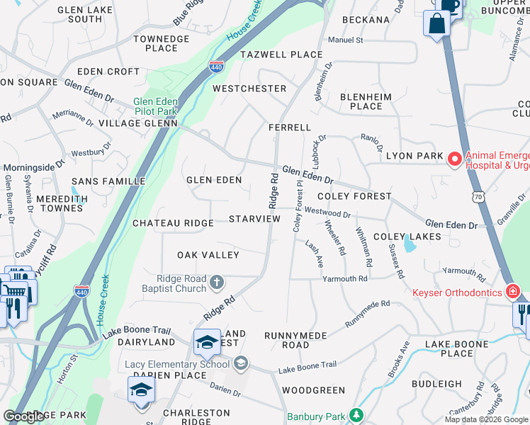 map of restaurants, bars, coffee shops, grocery stores, and more near 2133 Ridge Road in Raleigh