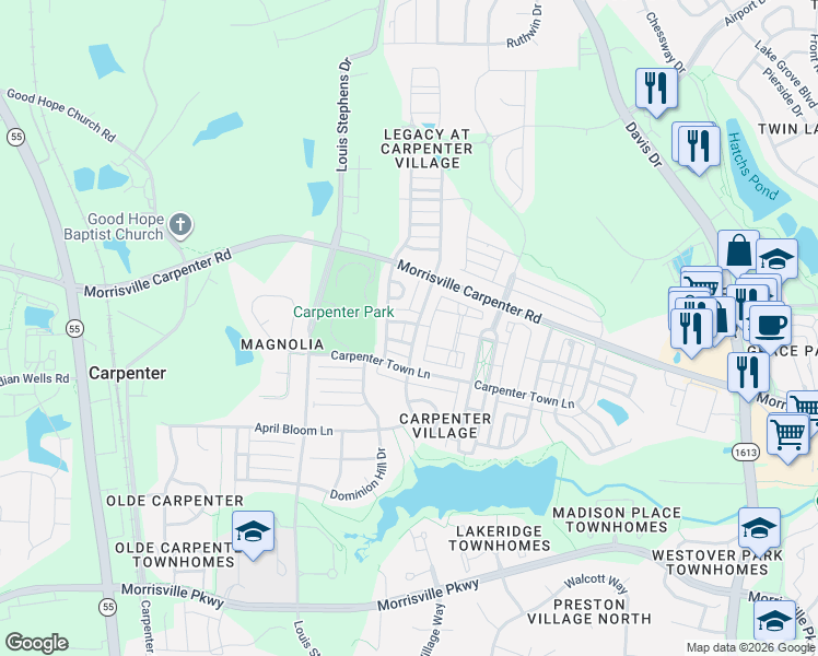 map of restaurants, bars, coffee shops, grocery stores, and more near 603 Battery Walk Lane in Cary
