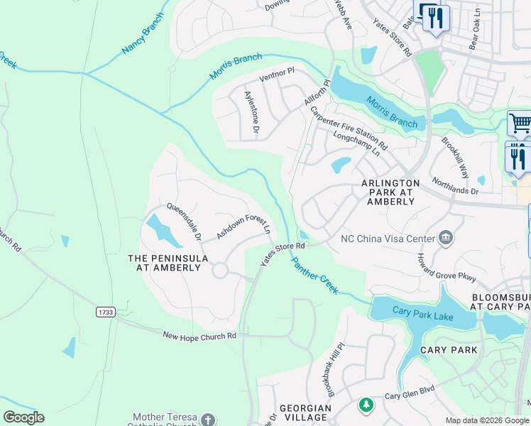 map of restaurants, bars, coffee shops, grocery stores, and more near 315 Ashdown Forest Lane in Cary