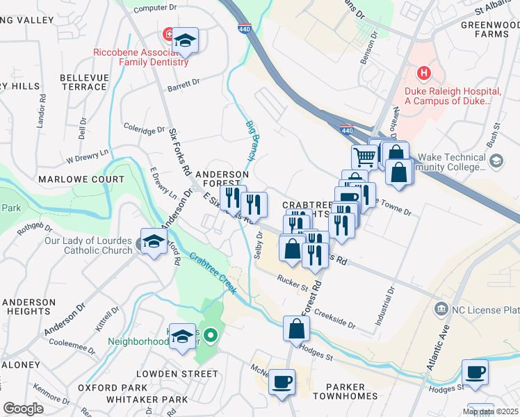 map of restaurants, bars, coffee shops, grocery stores, and more near 221 East Six Forks Road in Raleigh