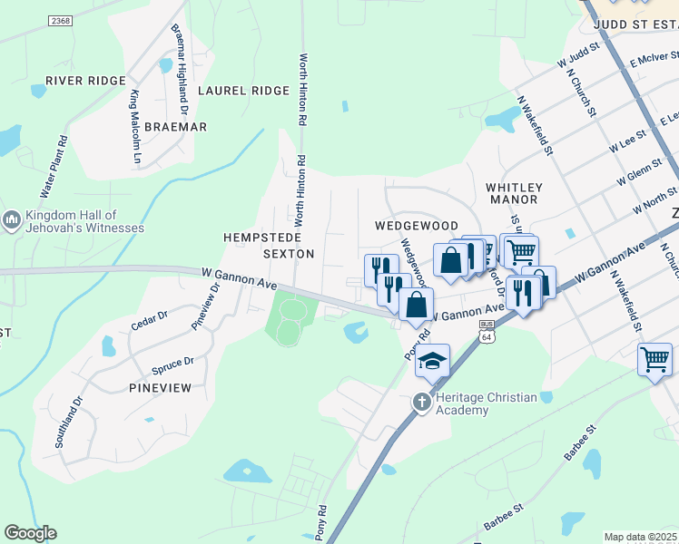map of restaurants, bars, coffee shops, grocery stores, and more near 719 West Gordon Street in Zebulon