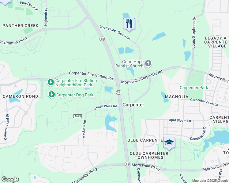 map of restaurants, bars, coffee shops, grocery stores, and more near 2000 Olivewood Street in Cary