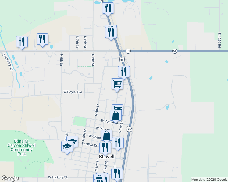 map of restaurants, bars, coffee shops, grocery stores, and more near 200 West Division Street in Stilwell